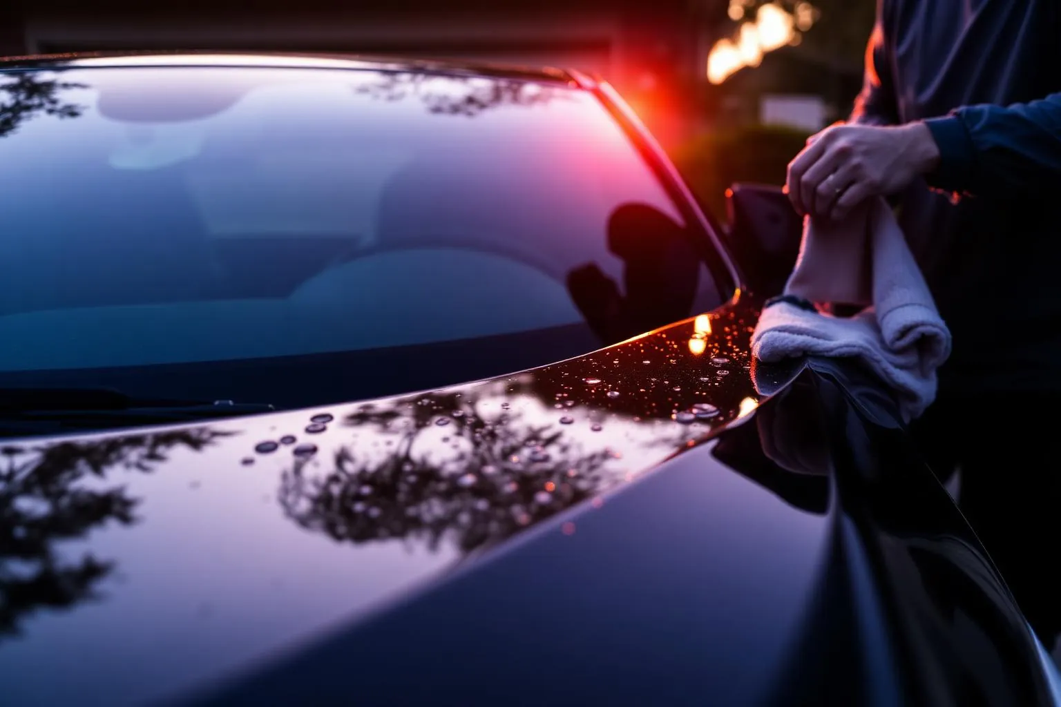 Mobile car detailer polishing a freshly detailed vehicle in an Austin driveway