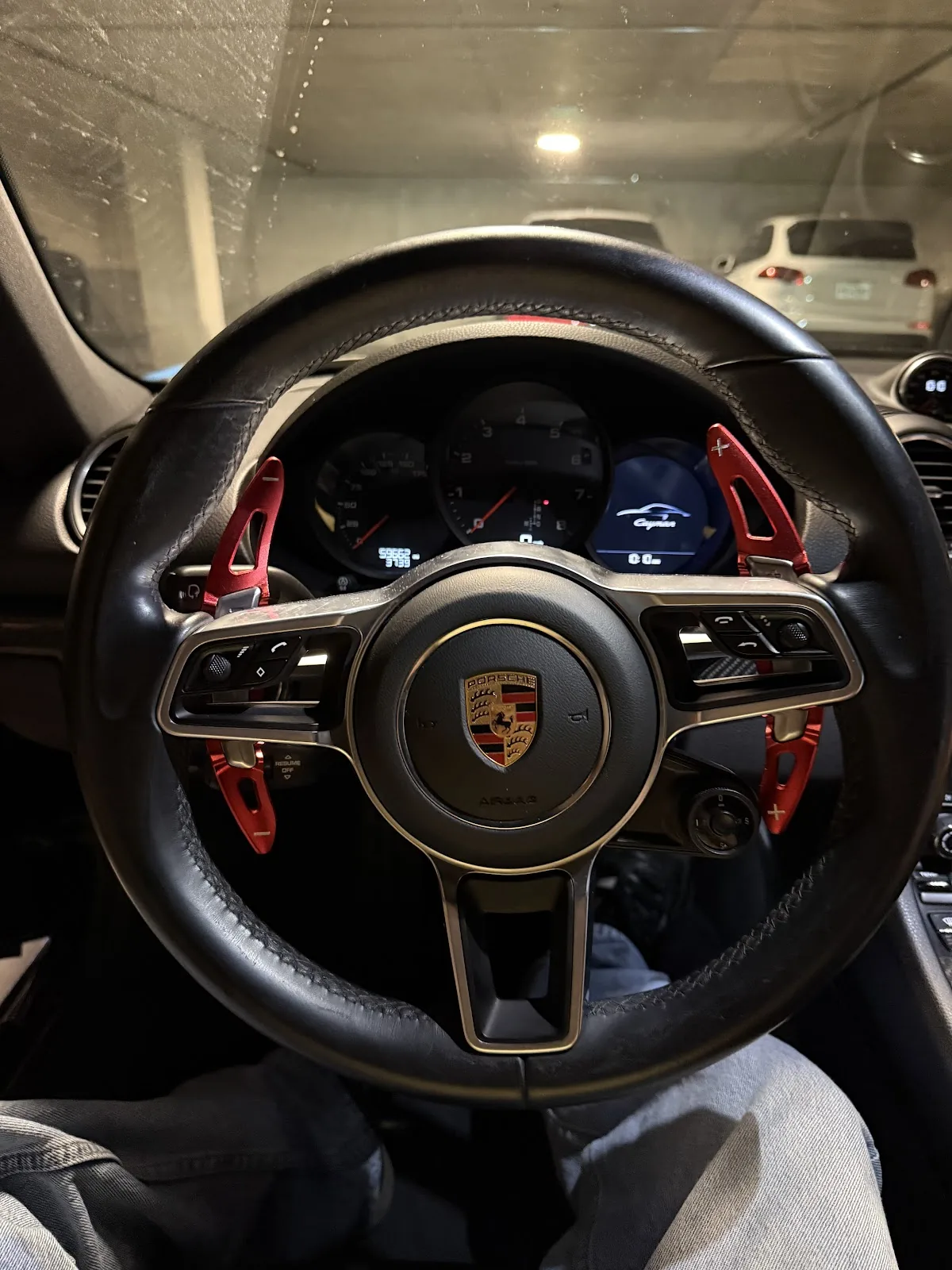Cleaned sports car steering wheel and instrument cluster